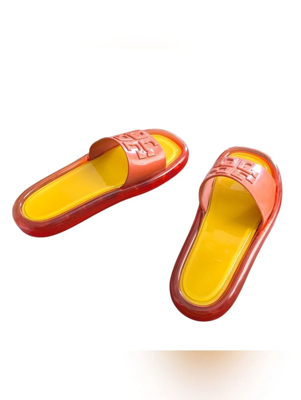 Tory Burch Coral Jelly Slide Sandals with Yellow Footbed and Translucent Trim
